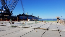 A picture of the deck of the future Passenger Only Ferry (POF) facility for the King County Water Taxi after the final deck was put into place late September.