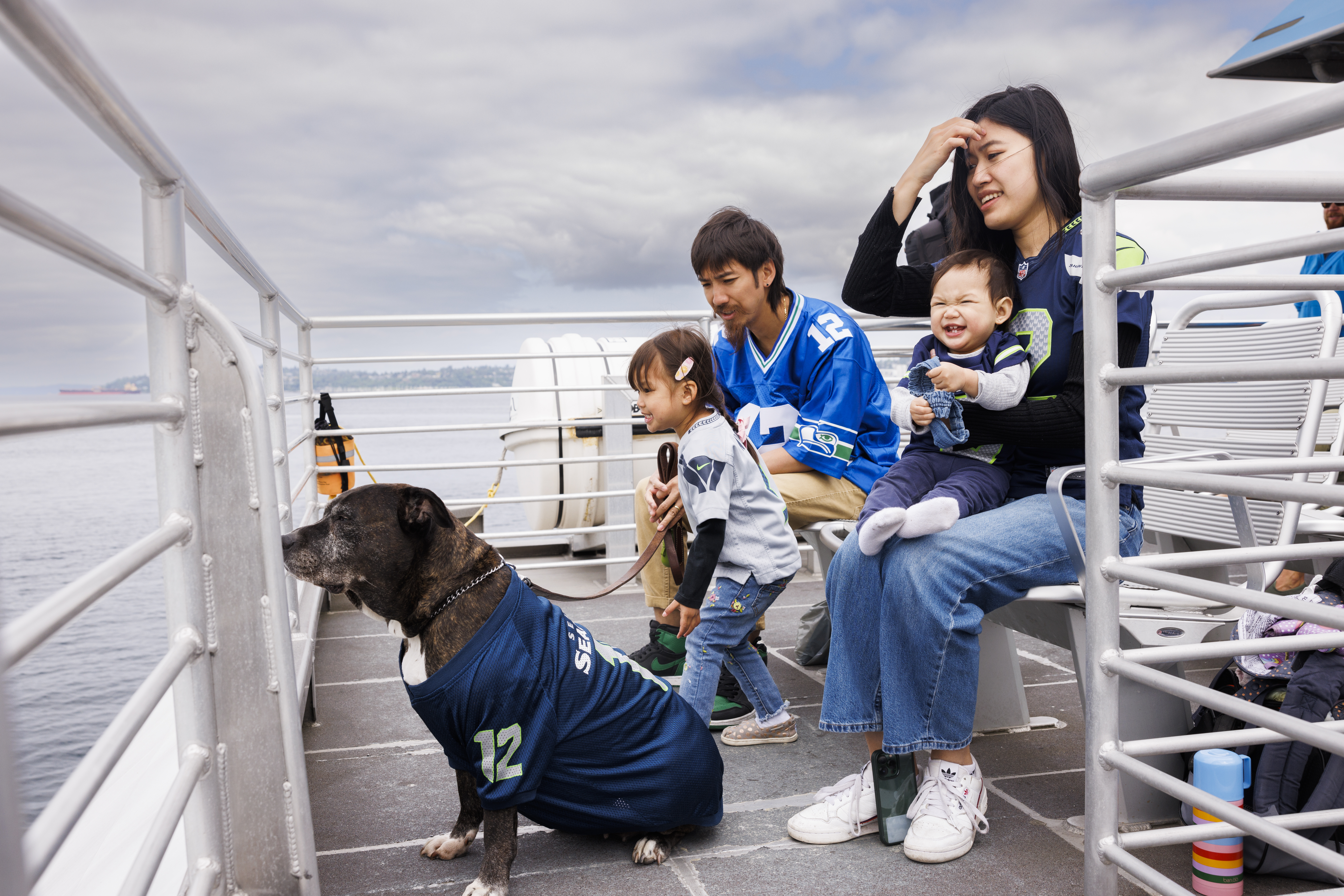 Family with tier dog riding the King County Water Taxi